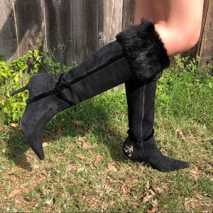 Black Vintage Knee High Fur Boots